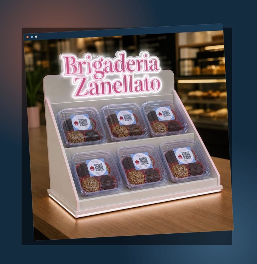 Expositor de balcão da Brigaderia Zanellato com os brigadeiros embalados