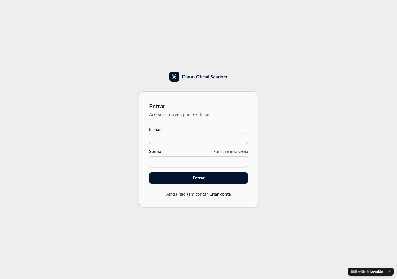 Tela de login do Scanner de Diário Oficial, protótipo com demonstração pública